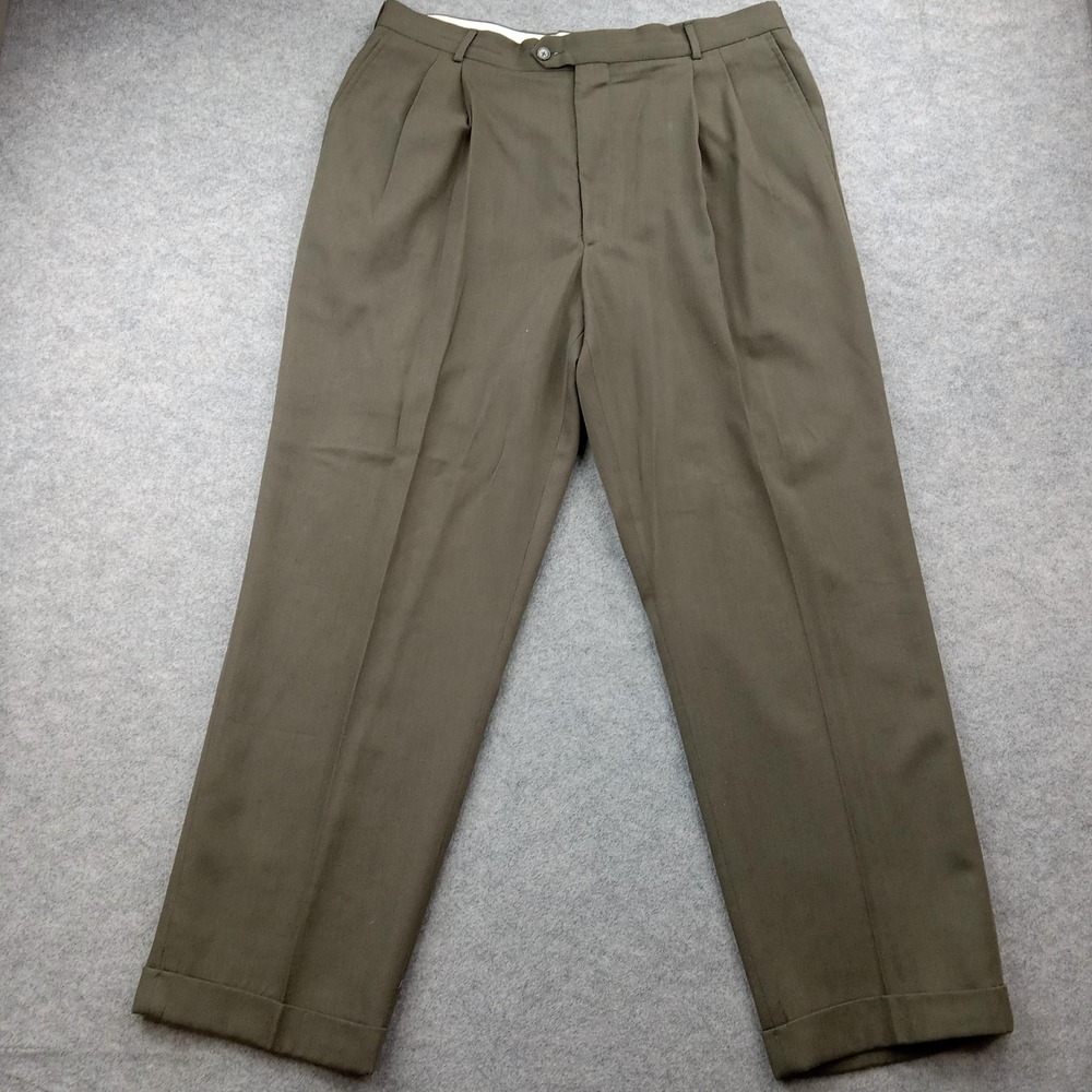 Chaps Ralph Lauren Dress Pants Mens 36x30 Green Wool Blend Pleated Cuffed Slacks
